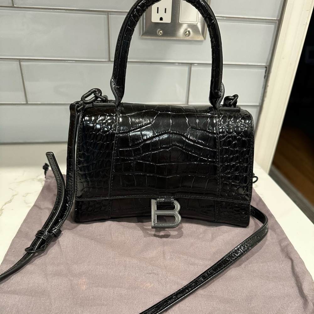 Balenciaga cross body HOURGLASS SMALL HANDBAG CROCODILE EMBOSSED IN BLACK